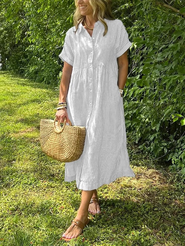 Meredith™ | Striped Button-Up Midi Dress